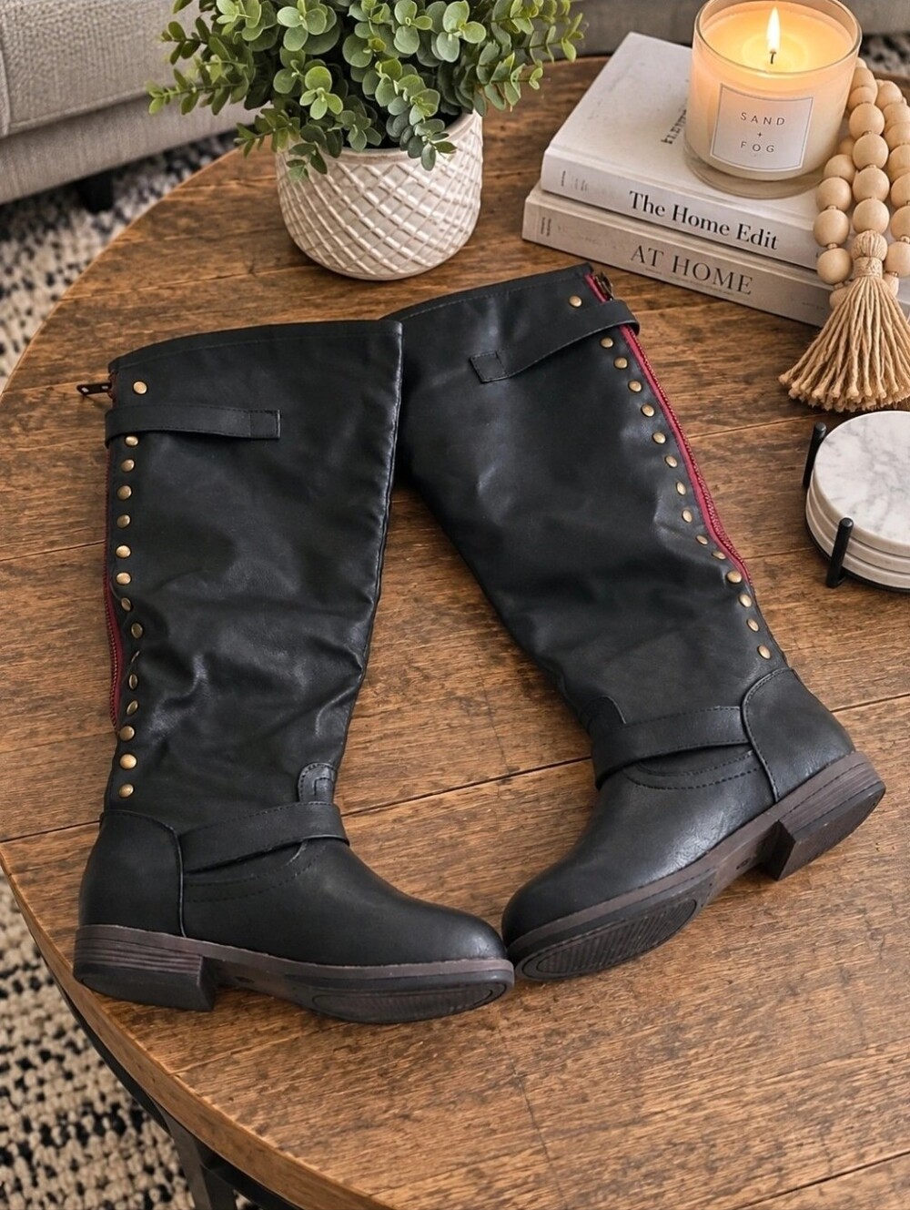 Journee Collection Black Knee High Buckle & Stud Boots